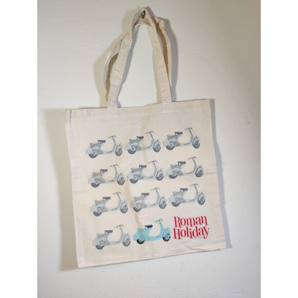 ROMAN HOLIDAY Theater Merch Tote Bag Cream Black Blue Vespa Scooters NWOT ~14x15 - Picture 1 of 3